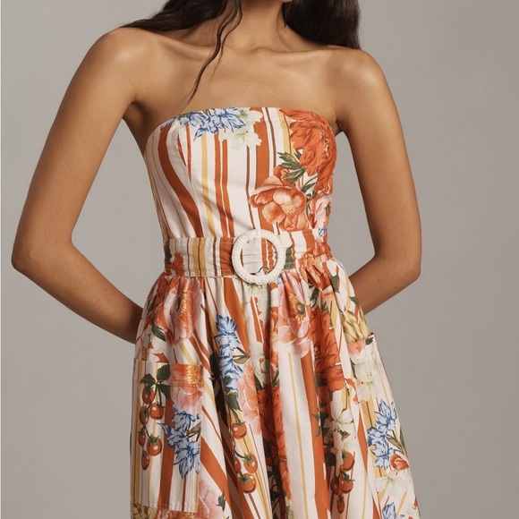 Anthropologie Maeve Strapless Belted A Line Midi Dress Red Floral Pockets XS NEW - Picture 2 of 16